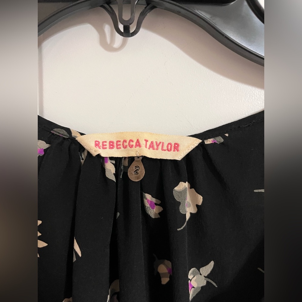 Rebecca Taylor Silk Dress 2 Ruffle Front Sleeveless Front Zip Black Ghost Floral - Picture 3 of 8